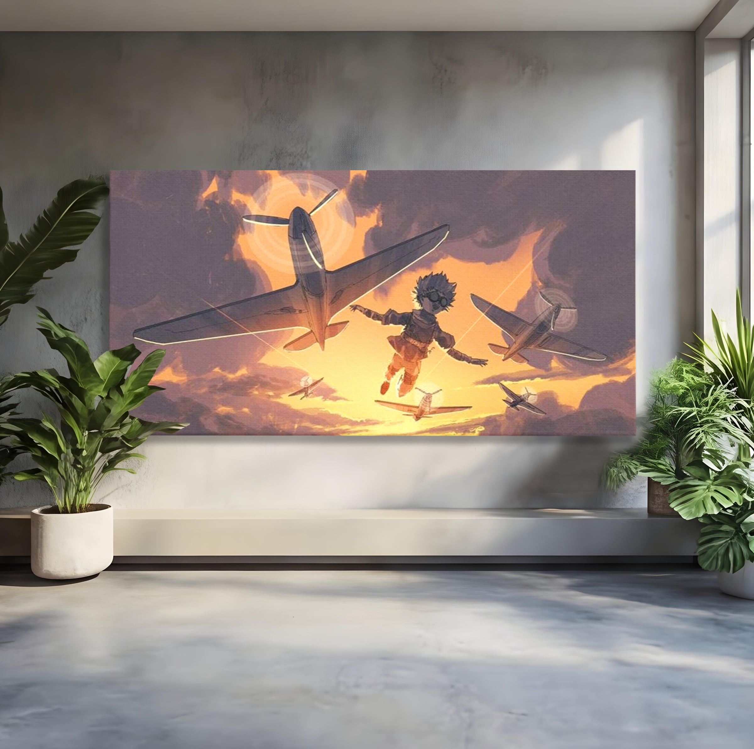 Tablou canvas cu ilustratie digitala cu un baietel zburand alaturi de avioane, fara rama, pe sasiu de lemn